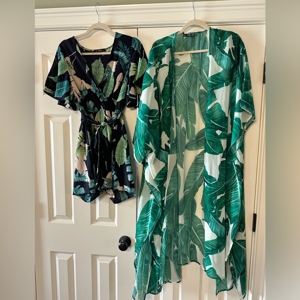 SHEIN Green and White Tropical Sheer Kimono + Tropical Romper Bundle